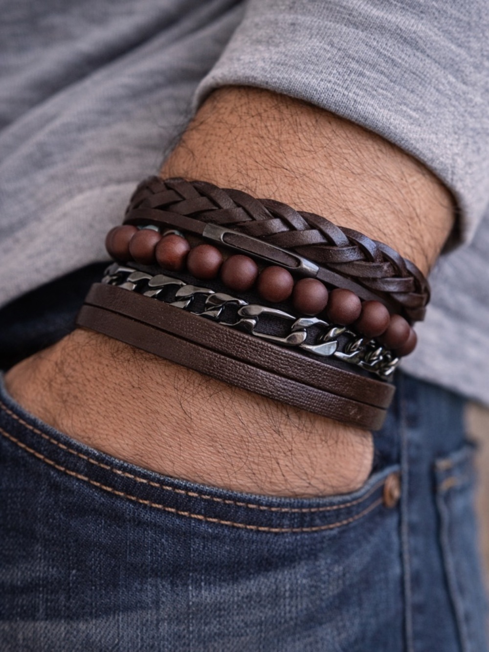 Men's Brown Layered Leather & Bead Bracelet Set